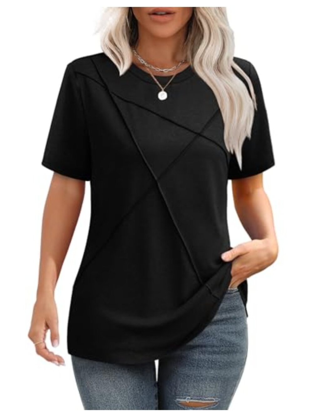 Women's Pleated Round Neck Short Sleeve Business Casual T-Shirt
